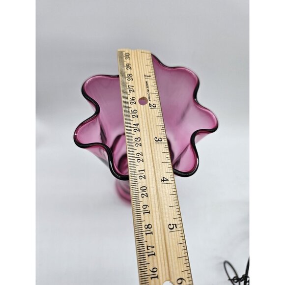 Vintage Handmade Cranberry Glass Thumbprint With Ruffled Rim 8" Tall Vase Boho - Picture 8 of 10